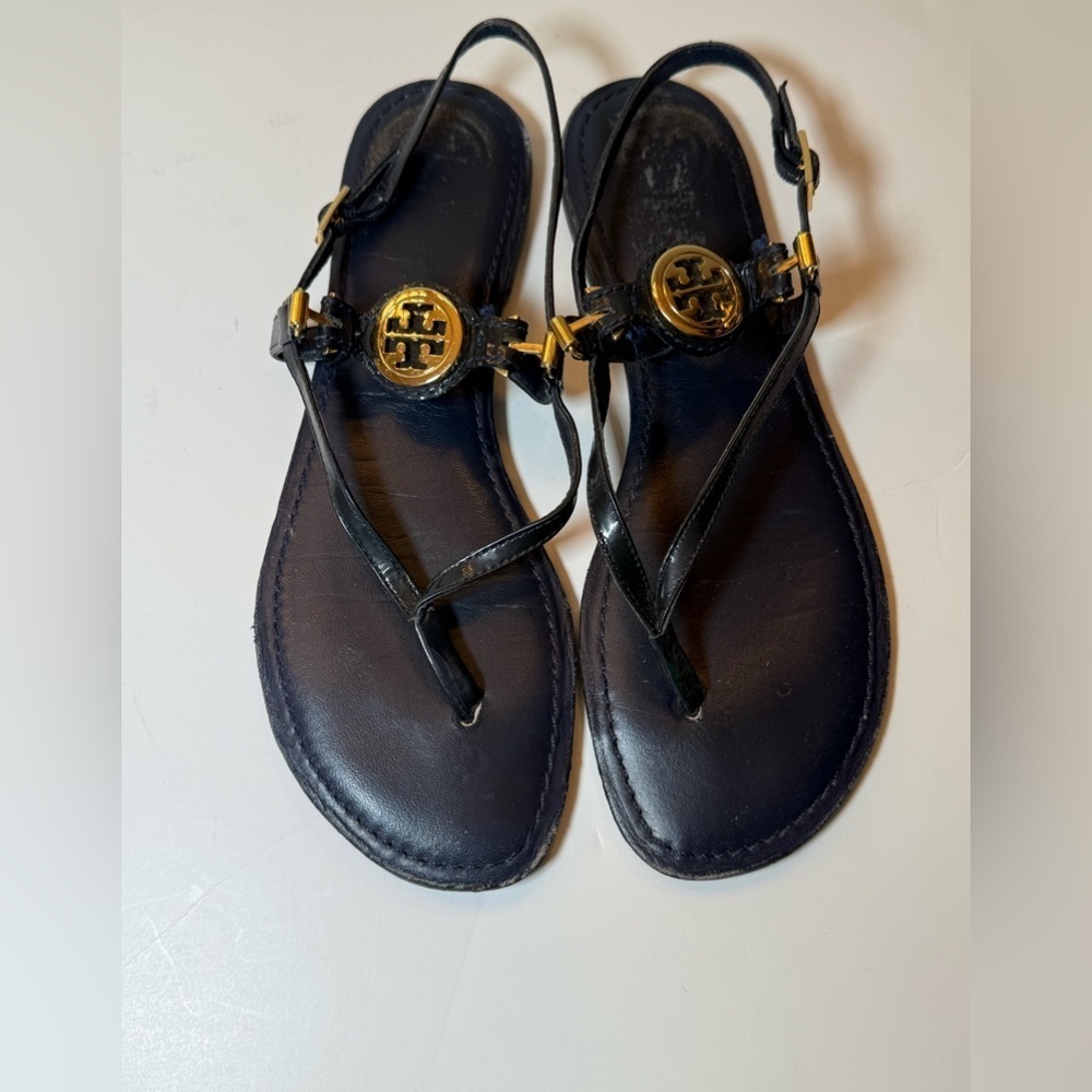 Tory Burch Black Thong Sandals with Gold Logo